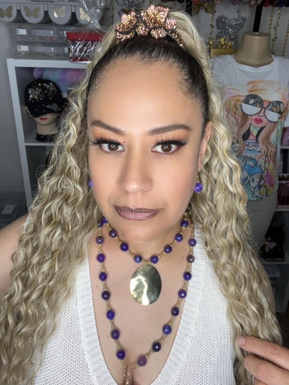 Purple Beaded Necklace with Gold Pendant